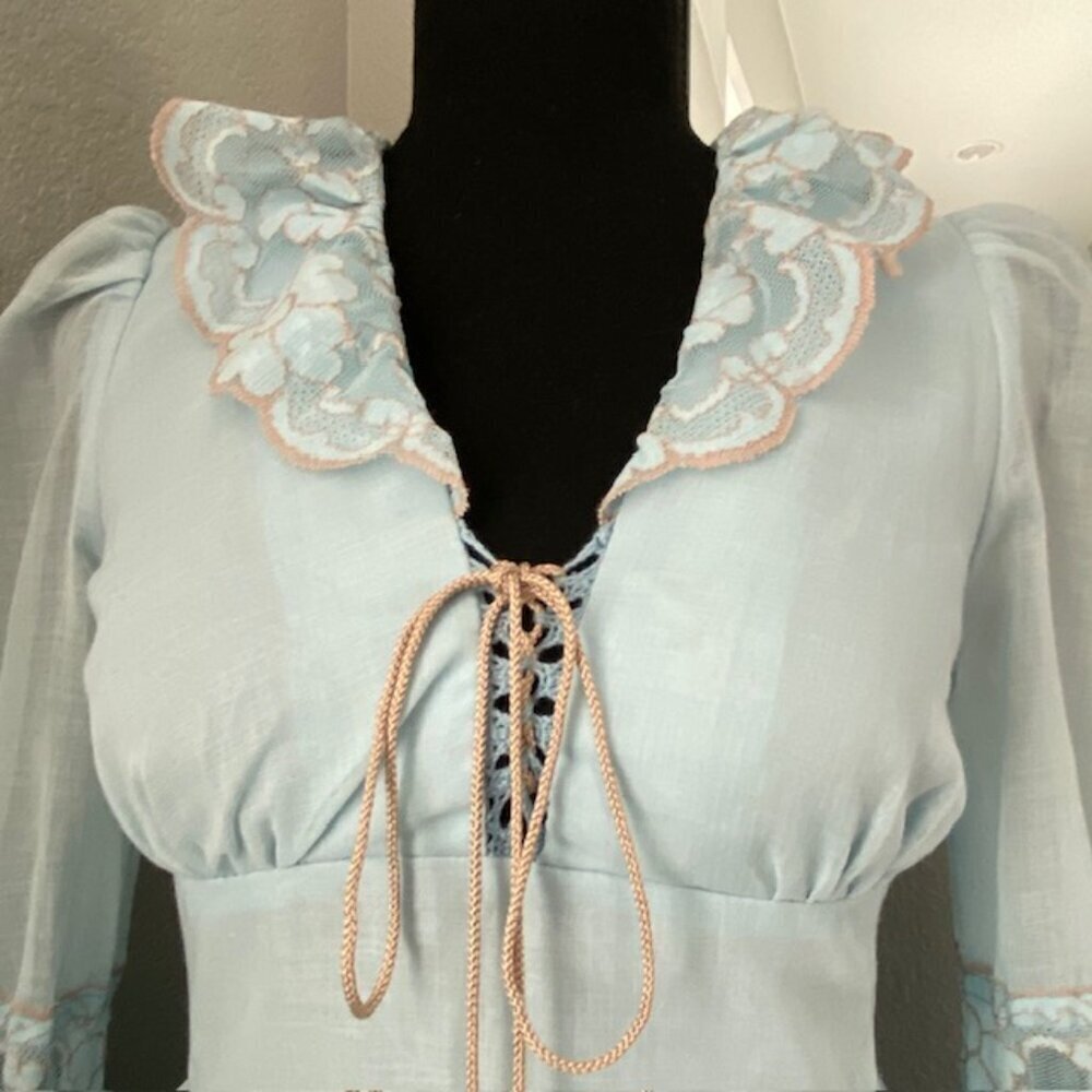 VINTAGE 70s Gunne Sax Blue Lace Long Maxi Prairie Boho Dress Sz XS - Picture 11 of 16